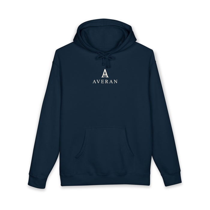 Averan Everyday Hoodie in navy with ivory chest monogram — product photo 1