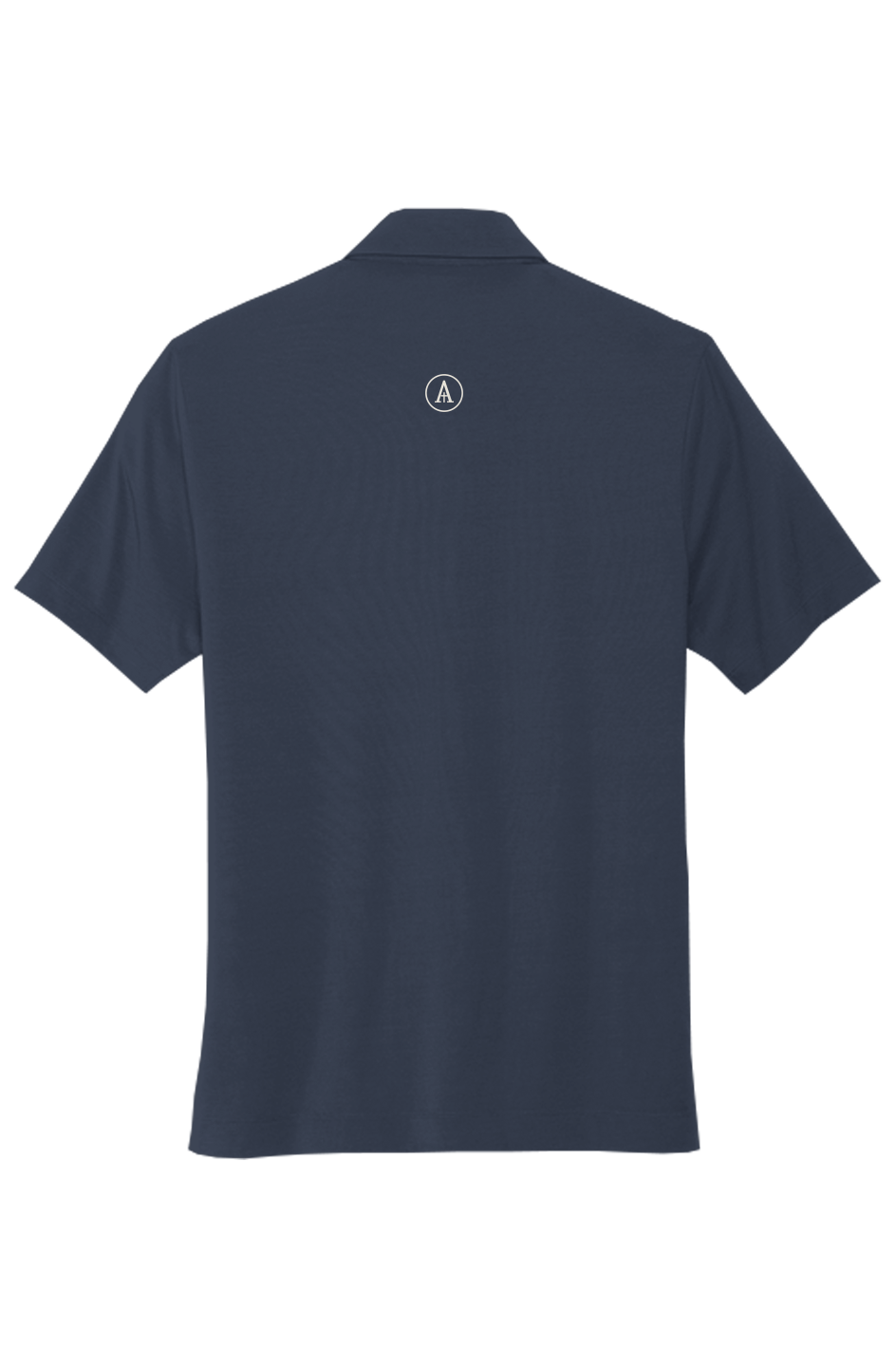 Averan Signature Polo Collar Crest — navy stretch jersey polo with ivory chest monogram and circular back-neck crest