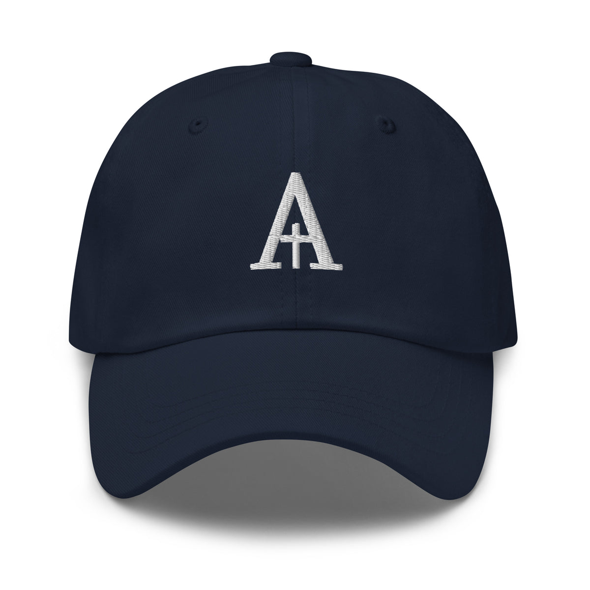 Averan Monogram Cap in navy — front view showing the embroidered ivory monogram